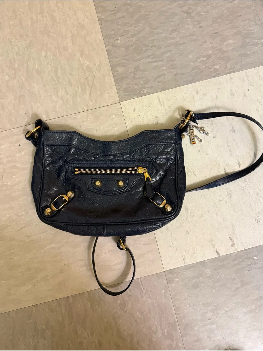 Authentic Balenciaga Navy Leather Crossbody with Gold Hardware Accents